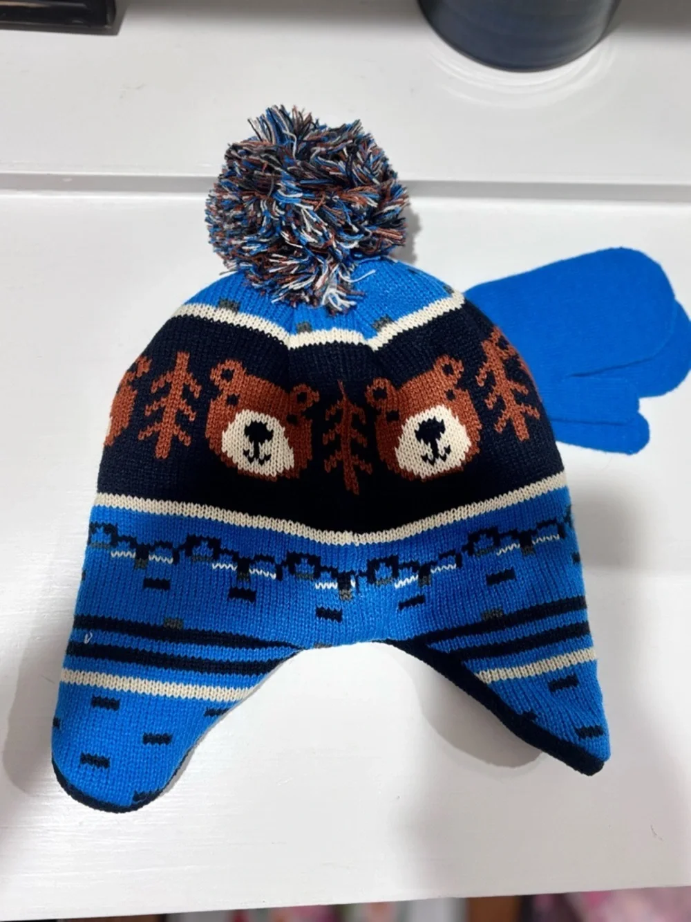 Youth Kids Blue Bear Knit Pom Beanie with Matching Mittens NWT